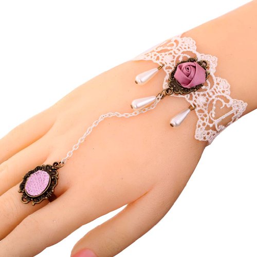 Yazilind Lolita Purple Rose Crystal Sexy White Lace Slave Bracelets with Ring fow Women