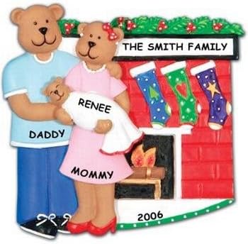 New Baby Family of 3 Decorated Fireplace Personalized Christmas Ornament