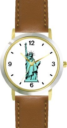 Statue of Liberty No.2 American Theme - WATCHBUDDY® DELUXE TWO-TONE THEME WATCH - Arabic Numbers - Brown Leather Strap-Size-Large ( Men