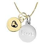 14k Yellow Gold Plated Sterling Silver Love and Heart Two-Tone Charm Necklace, 18