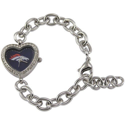 Denver Broncos Ladies Silver Heart Watch