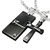 New Ladies Stainless Steel 2-Parts Forever Love Cross Tag Pendants With CZ Stones & Chain - Length 50cms
