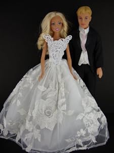 White Wedding Dress and Black Tuxedo Set Made to Fit the Barbie and Ken Dolls