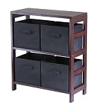 Winsome Wood Capri Wood 2 Section Storage Shelf with 4 Black Fabric Foldable Baskets