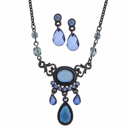 Sapphire Tears Vintage Inspired Necklace Earrings Box Set