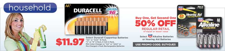$11.97 Select Duracell Coppertop Batteries.  Buy one get second one 50% off regular retail select Rite Aid Brand Alkaline Batteries or Hearing Aid Batteries. Use Promo Code: SU7VDJES.