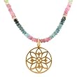 Mandala Flower Pendant in Gold Vermeil on a Tourmaline Gemstone Bead Choker Necklace, 15 1/2" Length, #7727