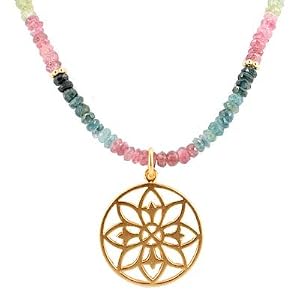 Mandala Flower Pendant in Gold Vermeil on a Tourmaline Gemstone Bead Choker Necklace, 15 1/2" Length, #7727