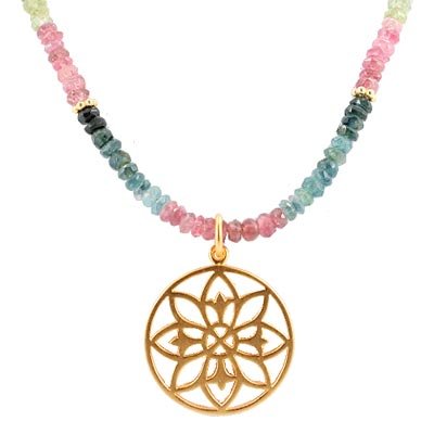 Mandala Flower Pendant in Gold Vermeil on a Tourmaline Gemstone Bead Choker Necklace, 15 1/2