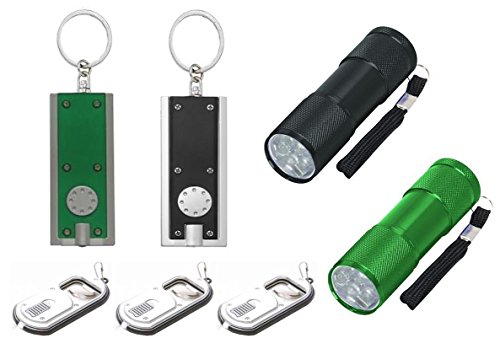Flashlight LED Set: 2- 3½ Inch Nine LED Aluminum Flashlights, 2 Mini LED Flashlight Key Chain, 3 Bottle Opener/Flashlight Keychain