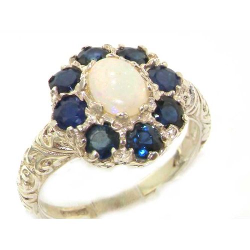 Solid English Sterling Silver Womens Large Opal & Sapphire Art Nouveau Ring - Finger Sizes 5 to 12 Available