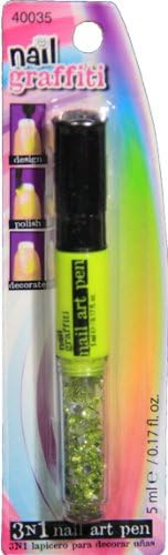 Nail Graffiti 3 in 1 Yellow Nail Polish Art Pen - Includes Nail Polish Brush, Fine Tip Polish Pen &amp; Nail Art Rhinetones