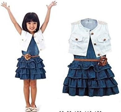DuoBiLun Little Girls' 2Piece White Vest and Denim Cake Dress with Belt Set 6 Years Blue