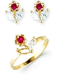 Childs 14k Yellow Gold Red Flower Marquise CZ Earring Ring Set