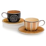 HuesNBrews Creme Brulee 14 Ounce Latte Cup/Saucer, 4 Pack