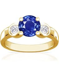 18K Yellow Gold Round Cut Blue Sapphire Three Stone Ring (GIA Certificate)