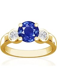 14K Yellow Gold Round Cut Blue Sapphire Three Stone Ring (GIA Certificate)