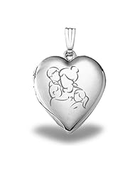 Sterling Silver "Mom with Son and Two Daughters" Heart Locket 3/4 inch x 3/4 inch