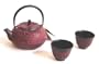 Japanese Cast Iron Tea Pot Set Burgundy Red Bamboo
