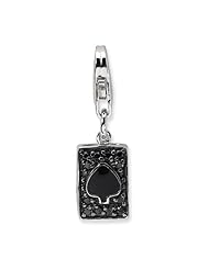 Sterling Silver CZ & Enameled Spade Card with Lobster Clasp Charm