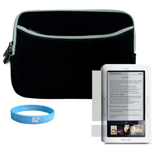 Professional Black Neoprene Carrying Case for Nook E Reader Device + Clear Screen Protector + Wisdom * Courage Wristband