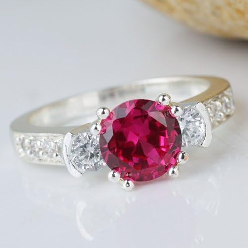 Sterling Silver White Gold Plated Round-shape Lab Made Red Ruby Engagement Ring Size 6