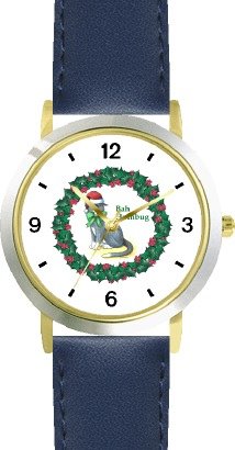 Gray Cat in Christmas Wreath - JP - WATCHBUDDY® DELUXE TWO-TONE THEME WATCH - Arabic Numbers - Blue Leather Strap-Size-Large ( Men's Size or Jumbo Women's Size )