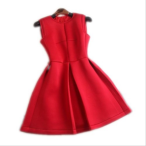 - eriira - ウエスト切り替え Aライン 赤い ワンピース / 厚手 ノースリーブ プリーツ 結婚式 二次会 パーティ 謝恩会 着痩せ レッド 赤 エレガント