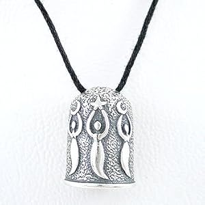 Lunar Goddess Bell Chime Pendant with Stars and Crescent Moons in Sterling Silver on a 30" Black Cord, #8312