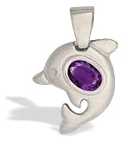14K White Gold Genuine Oval Amethyst Dolphin Pendant