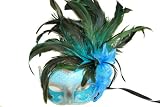 Decor Venetian Styled Mask with Feather on Top Side - Sky Blue