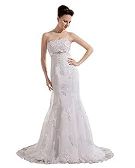 Strapless Empire   Waistline Lace Belted Beaded Floor Length Mermaid  Dress
