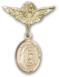 14K Gold Baby Badge with St. Zoe of Rome Charm and Angel with Wings Badge Pin