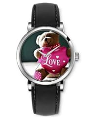 SPRAWL Aanalog Fashion Series Silver Ladies Watches of Genuine Black Leather Strap,Unique Wrist Watch for Women Girls Designed with cute teddy