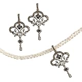 Fleur-de-lis Silver Natural Seed Pearl Pendant Necklace & Chandelier Earrings Sapphire Set - by Dahlia Vintage Jewelry Collection