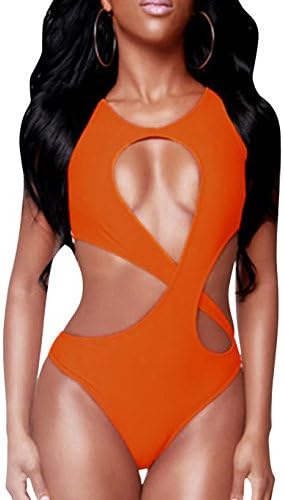 TideGG Women's Sexy Hollow a Part Crossover Blackless One Piece Swimwear Orange S