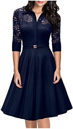MiYang Women's Vintage 1950s Style 3/4 Sleeve Black Lace Flare A-line Dress Blue X-Large