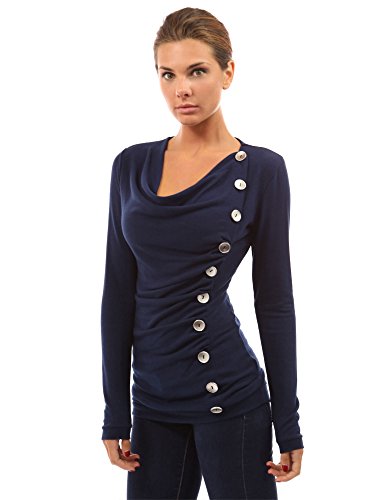 PattyBoutik Women's Cowl Neck Button Embellished Top (Navy Blue XL)