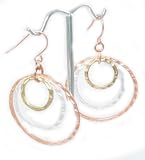 Beautiful Hammered Tri-Tone Open Hoop Dangle Earrings Silver Rose and Yellow Gold Tone