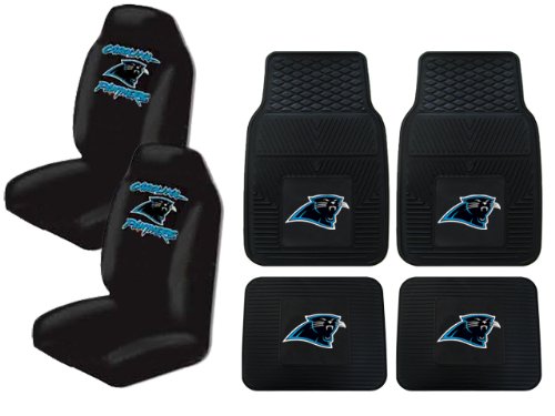 A Set of 4 NFL Universal Fit Front All-Weather Floor Mats and A Set of 2 Universal Fit Seat Covers - Carolina Panthers