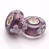 Bleek2Sheek Murano Glass Foil Purple with White Flowers Charm Beads (set of 2) Fits Pandora