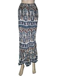 Women Bohemian Paisley Print Gypsy Boho Cool Grey Crinkle Cotton Long Skirt 39"l