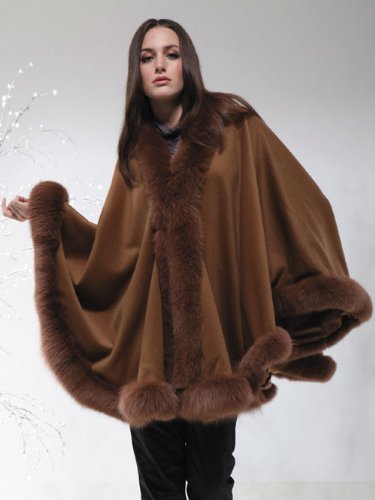 PURE CASHMERE CAPE WITH FOX FUR TRIMMING from Cashmere Pashmina Group (COFFEE)