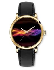 SPRAWL Aanalog Fashion Series Gold Ladies Watches of Genuine Black Leather Strap,Unique Wrist Watch for Women Girls Designed with Orange and purple waves dark background
