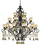 Crystorama Norwalk Golden Teak Hand Cut Crystal Draped on a Wrought Iron Chandelier Handpainted with a Amber Glass Pattern