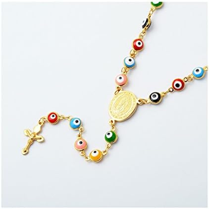 Gold Plated Stainless Steel Multicolor Evil Eye Rosary Necklace