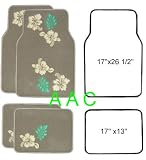 A Set of 4 Universal Fit Plush Hawaiian Hibiscus Floral Carpet Floor Mats for Cars / Truck - Tan Floor Mats with Bisque Hibiscus