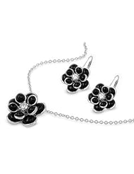 Sterling Silver Black CZ Double Flower Earring & Necklace Set
