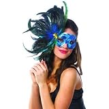 Beautiful Sequined Bright Blue Feathered Mardi Gras Costume Eye Mask
