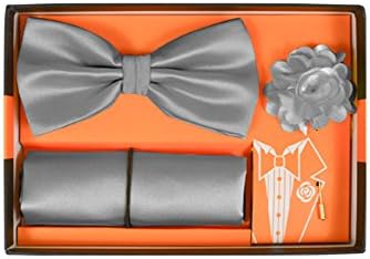 Microfiber Silver Gray Pretied Bow Tie,Hanky &amp; Flower Lapel Pin Box Set